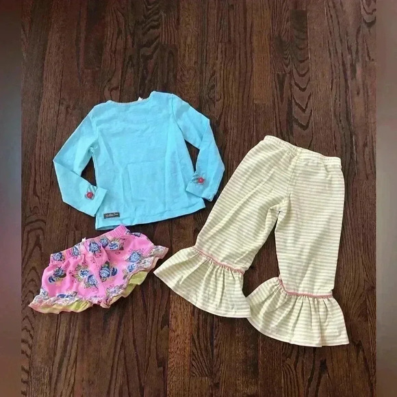Bundle x3: Matilda Jane Girls 4 Blue Top, Green Flare Pants, Pink Floral Shorts - Picture 7 of 11